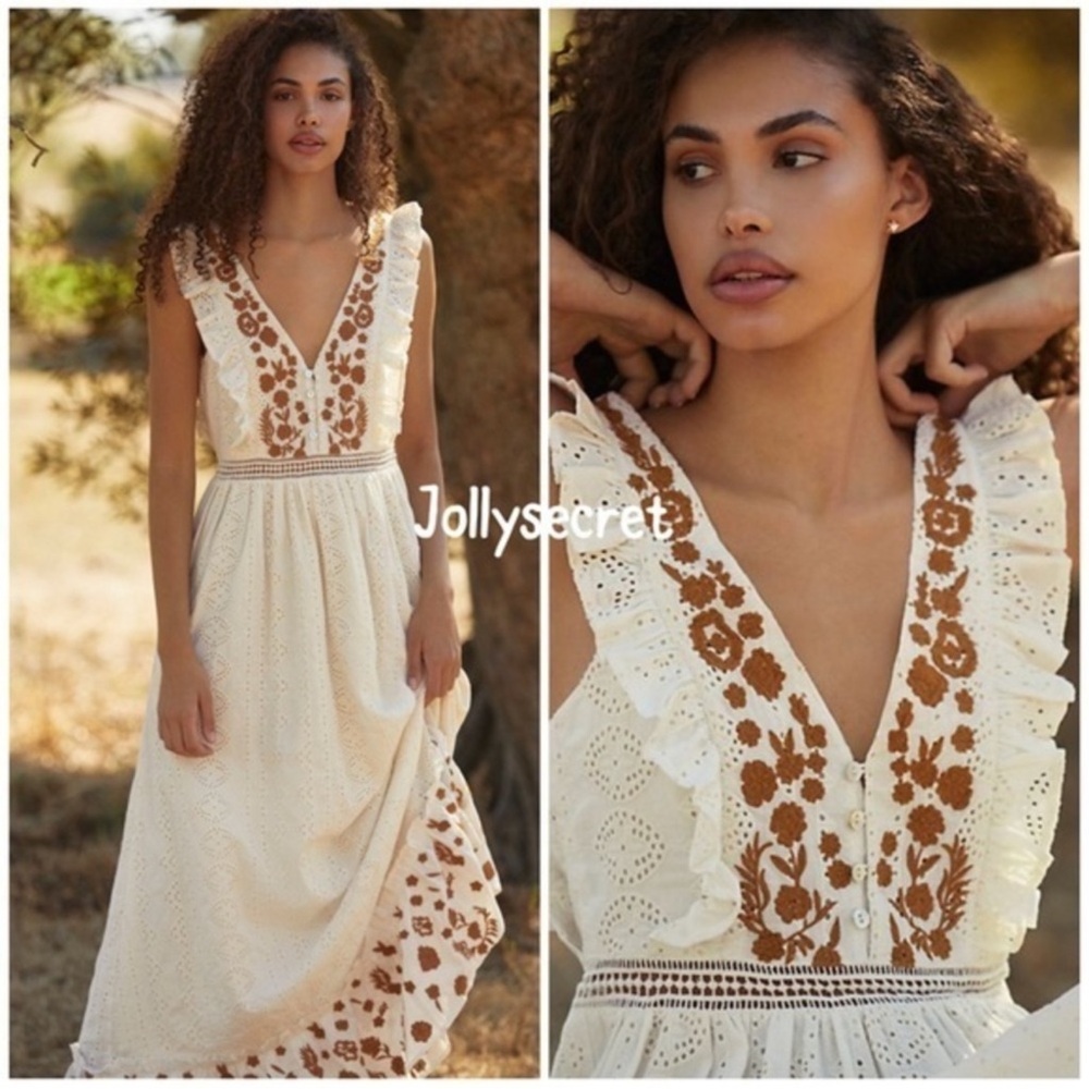 💋Anthropologie Cream and golden light brown embroidered eyelet Maxi Dress. XS - Picture 1 of 15